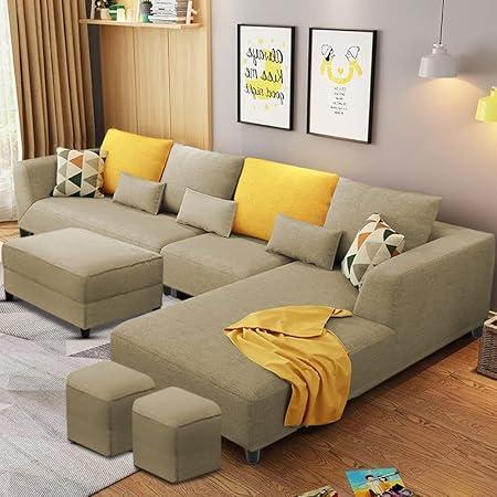 Casaliving Minta RHS 8 Seater L Shape Sofa Set with Ottoman & 2 Puffy for Living Room (CreamFabric)