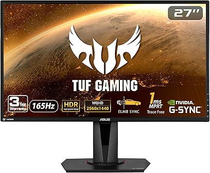 ASUS TUF Gaming 27" 2K HDR Gaming Monitor (VG27AQ) - QHD (2560 x 1440), 165Hz (Supports 144Hz), 1ms, Extreme Low Motion Blur, Speaker, G-SYNC Compatible, VESA Mountable, DisplayPort, HDMI ,Black