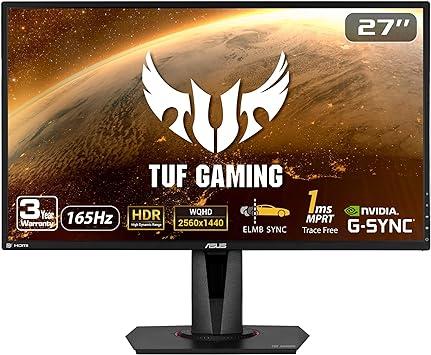 ASUS TUF Gaming 27" 2K HDR Gaming Monitor (VG27AQ) - QHD (2560 x 1440), 165Hz (Supports 144Hz), 1ms, Extreme Low Motion Blur, Speaker, G-SYNC Compatible, VESA Mountable, DisplayPort, HDMI ,Black